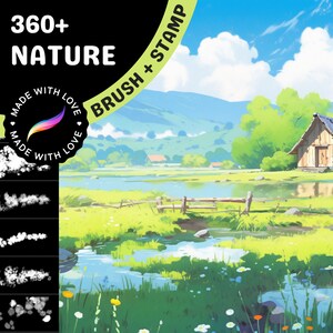 Nature foliage brush and stamp kit preview with pond, grass, trees, and cottage scene