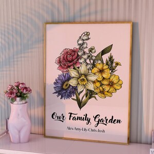 Custom family garden birth flower poster with colorful bouquet and 'Our Family Garden' text