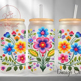 Mexican Flowers Libbey Glass Wrap, Embroidery Flowers 16 Oz Glass Can Wrap PNG, Glass Tumbler Wrap, Glass Can Sublimation Wrap Design