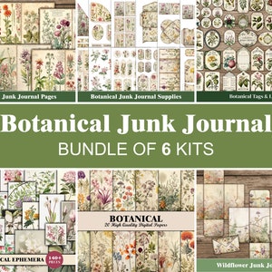 Botanical junk journal kit bundle with floral pages and ephemera cards in green