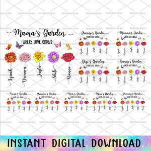 Digital watercolor floral PNG bundle with Mama's Garden where love grows designs