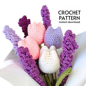 Crochet amigurumi bouquet pattern with lavender and pink tulip flowers, digital download