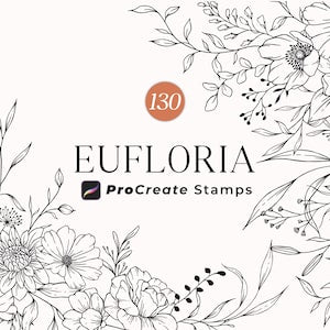 Floral line art stamp set with black botanical drawings, includes ProCreate Stamps logo
