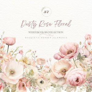 Watercolor rose floral clipart with pink and cream roses, soft garden flowers border