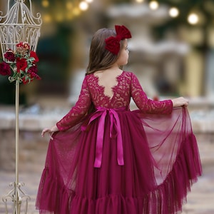 Girls lace and tulle flower girl dress in deep wine red, long sleeves, lace back, bow ties