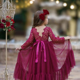 Girls lace and tulle flower girl dress in deep wine red, long sleeves, lace back, bow ties