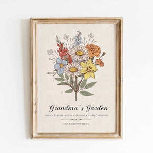 Framed wall art poster with colorful flower bouquet and text 'Grandma's Garden'.
