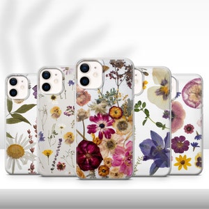 Pressed flowers phone case set with clear floral design and cutout camera openings