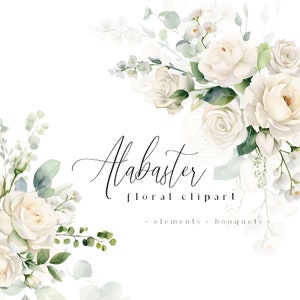 Floral clipart featuring cream roses, white flowers, and eucalyptus leaves on a white layout