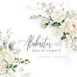 Alabaster Floral Clipart, White Flowers Clip Art, Cream Watercolor Flower PNG, Ivory Bouquets, Wedding Flowers, Spring Summer Fall Graphics
