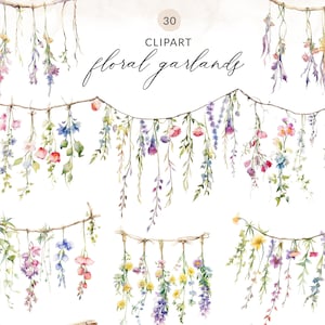 Spring watercolor floral garland with dangling multicolor flowers on string