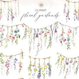 30 Watercolor Garland Clipart, Spring Floral Garland PNG, Watercolor Floral Garland PNG Images, Boho Flower Garland Clipart PNG, Boho Floral