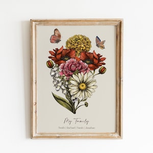 Framed floral family wall art with butterflies and bouquet, 'My Family' text