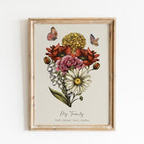 Birth Flower Family Bouquet, Custom Digital Print Personalized Christmas Gift, Vintage Home art, Grandmother gift, Floral Family portrait