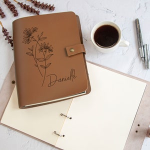 Brown leather-look personalized journal with floral line art and name on front cover