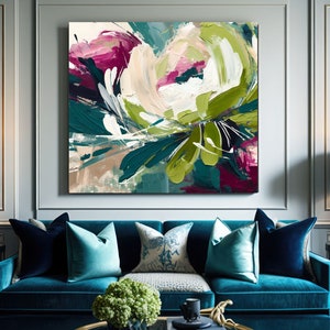 Framed abstract floral fine art print with teal, pink, and cream brushstrokes