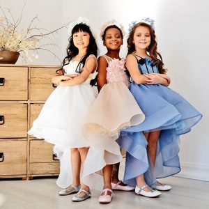 Girls floral asymmetrical organza dress with layered tulle skirt and flower appliques