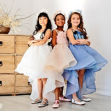 Girls floral asymmetrical organza dress with layered tulle skirt and flower appliques