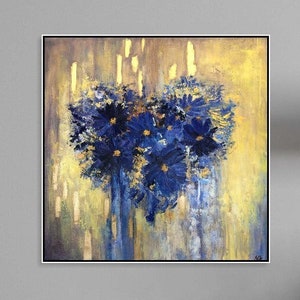 Heart-shaped floral canvas painting with blue flowers and gold abstract background