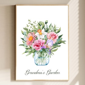 Framed floral wall art print with pastel bouquet in glass vase and cursive 'Grandma’s Garden'