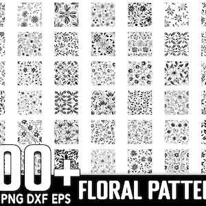 Floral seamless pattern bundle with black-and-white square motifs for PNG and SVG cut files