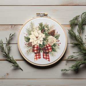 Counted cross stitch pattern: floral Christmas bouquet in embroidery hoop with red ribbon