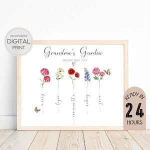 Framed Grandma's Garden digital print with colorful flower illustrations and name text