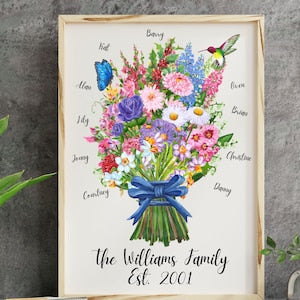 Framed birth flower art print with colorful bouquet, blue ribbon, and names/date