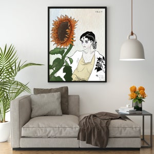 Framed flower digital painting print with woman and large orange sunflower bloom