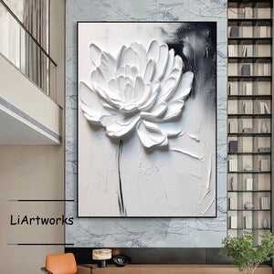 Large framed 3D white flower relief wall art with heavy textured palette-knife petals