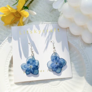 Blue pressed hydrangea flower dangle earrings with silver-tone hooks