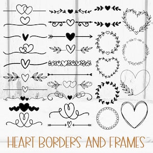 Set of heart border and frame SVG designs with wreaths, doodles, and outline hearts