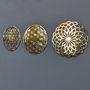 Wood flower of life wall decor set of three with gold geometric lattice plaques