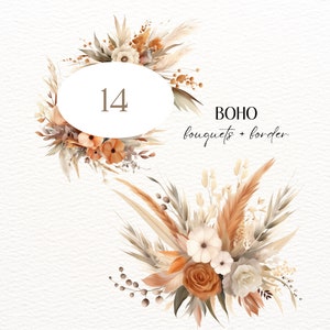 Watercolor Bohemian Flower Clipart, Bohemian Orange & Brown Flower Clipart, Bohemian Autumn Flowers Clipart, Boho Roses PNG, Pampass clipart