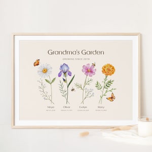 Framed watercolor birth flower printable titled Grandma's Garden with month blooms