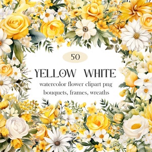 Yellow White Flower PNG, Watercolor Yellow Floral Clipart, Wedding Bouquet, Wreath, Spring Flower Clipart, Summer Floral, Digital Download