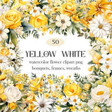 Yellow White Flower PNG, Watercolor Yellow Floral Clipart, Wedding Bouquet, Wreath, Spring Flower Clipart, Summer Floral, Digital Download