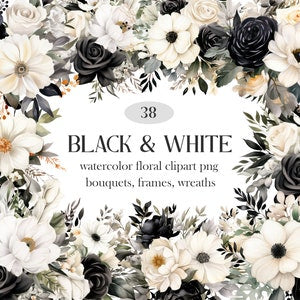 Black and white floral wreath border with roses and daisies, digital clipart