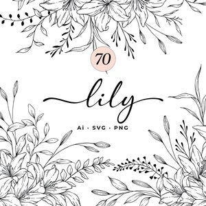 Lily floral line art with leaves and flowers, hand-drawn monochrome design