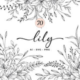 Lily Floral Line Art, Lily SVG bundle, Botanical Flowers Line Art SVG, Clipart, Hand Drawn Vector Flowers and Plants, Commercial Use