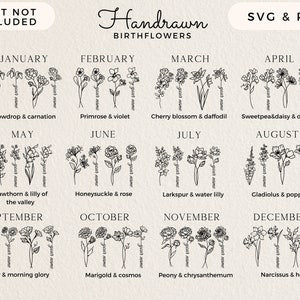 Birth flower line-art chart with month labels and floral icons