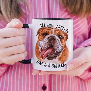White ceramic mug with brown bulldog illustration and love quote