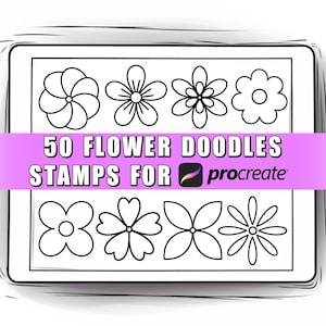 Set of 50 flower doodle stamp outlines for Procreate, line-art blossoms in a grid