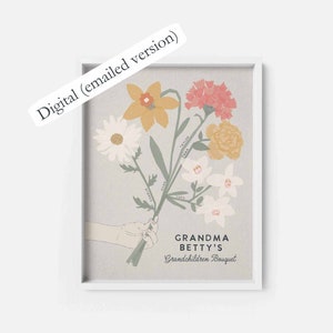 Personalized birth flower bouquet print in white frame, with floral bouquet and name text