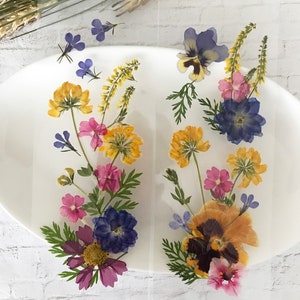 Pressed flower bookmarks with clear laminated cards featuring purple, yellow, and pink blooms