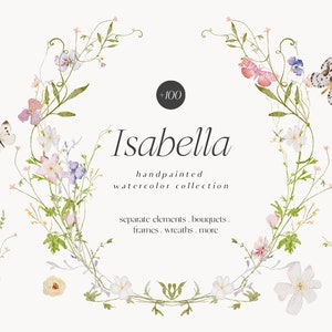 Watercolor wildflower wreath clipart with scattered flowers and butterflies