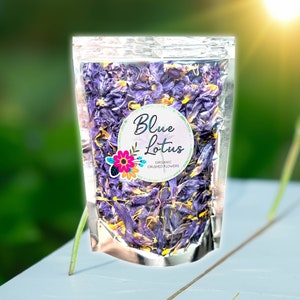 Blue lotus crushed flower pouch with dried purple petals, resealable stand-up bag