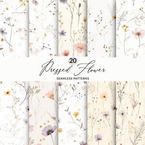 Seamless wildflower floral pattern background set with pressed flowers on light cream