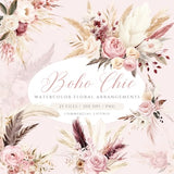 Watercolor Blush Boho Floral Clipart, Pale Pink Bohemian Flower Arrangement, Dried Flower Clipart, Pampas Grass PNG, Pink Roses Clipart