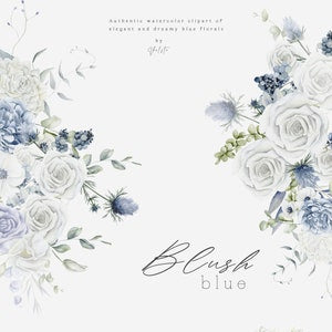 Watercolor flower bouquet clipart with dusty blue roses, small blossoms, and script 'Beach Blue'